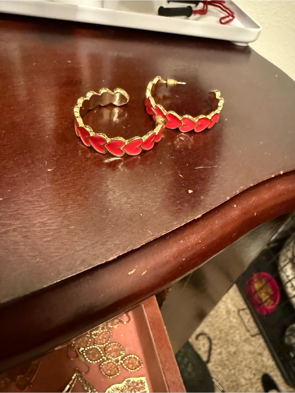 Gold Hoop Earrings with Red Heart Accents - Women Jewelry
